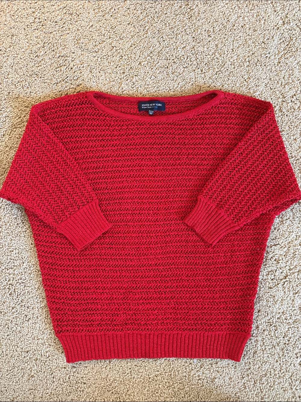 Jones New York Red Open-Knit Crewneck Sweater